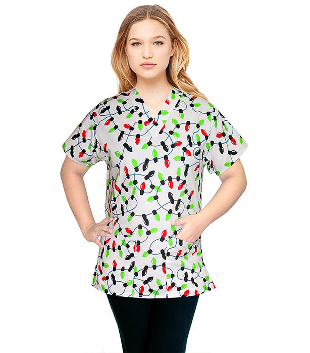 Women's Christmas Lights Printed Scrub Top