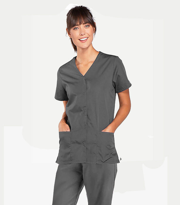 Stretch Women's Scrub Set Front Open with Snap Buttons - 4 Pockets, Half Sleeves (2-Pocket Top & 2-Pocket Boot Cut Pant)