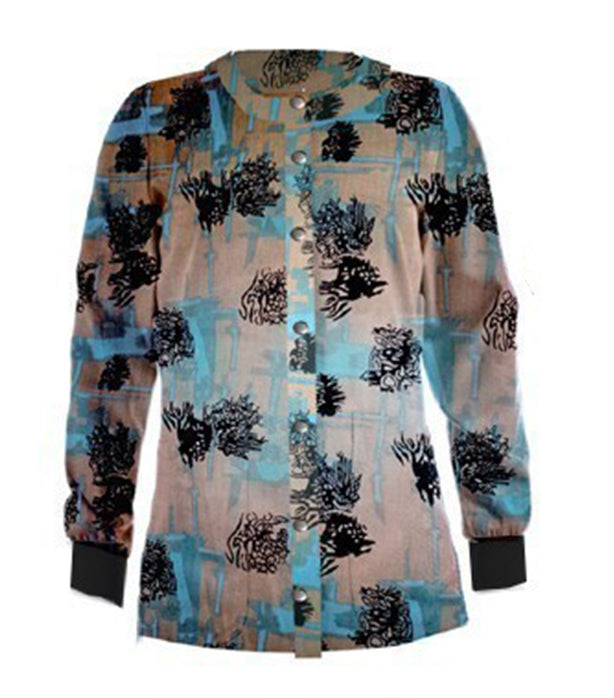 Poplin Unisex Scrub Jacket with Turquoise and Black Obstract art print - 2 Pockets, Full Sleeves with Rib