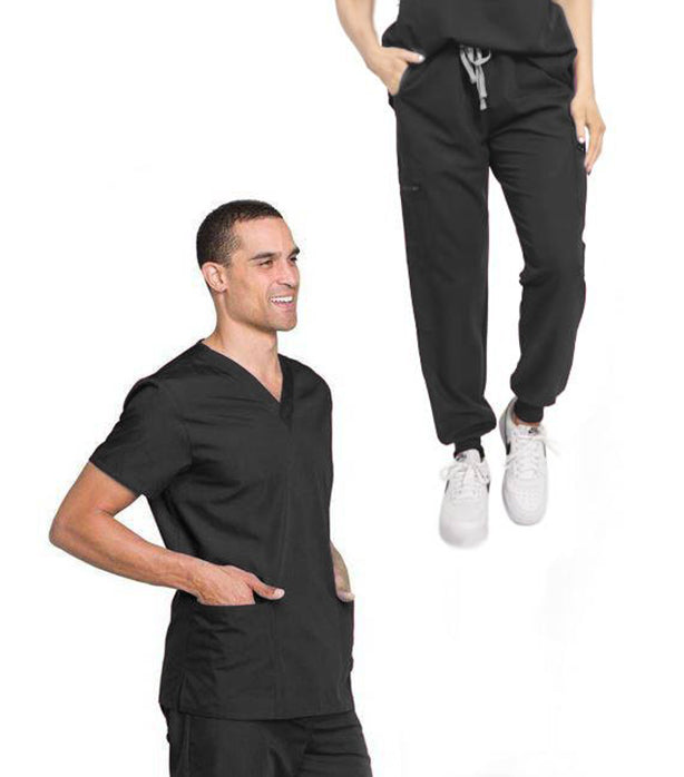 Stretch Unisex Jogger Scrub Set 5 Pockets Half Sleeves, Top 3 Pockets (1 Chest Pocket and 2 Lower Pockets) and Jogger Pant 2 Side Pockets with Full Elastic Waistband and Drawstring (Twill White)
