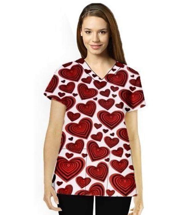 Women's Red Hearts Print Scrub Top V Neck