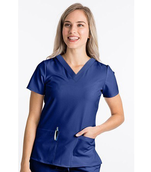 Microfiber Stretch Top v neck 2 pocket solid ladies half sleeve with pencil pocket