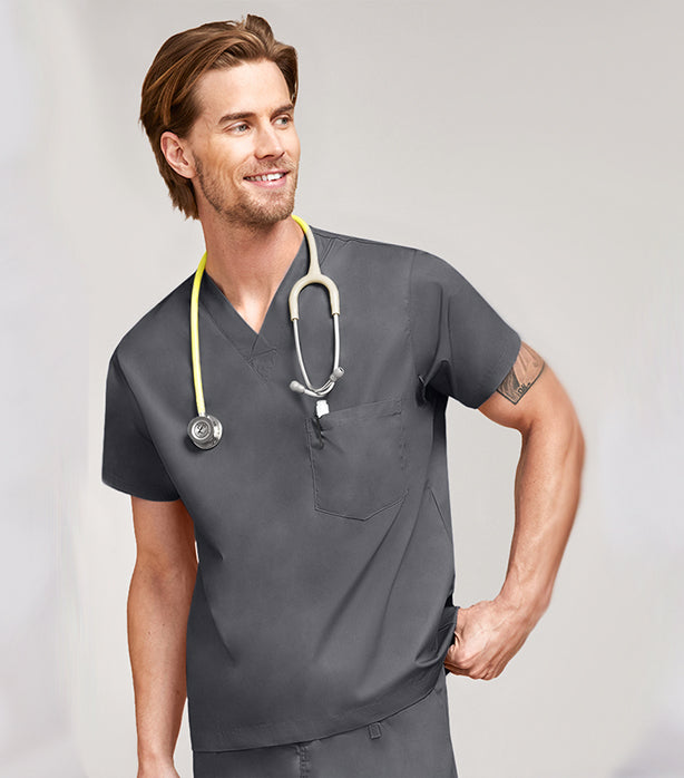 Poplin Unisex V-Neck Scrub Top - 1 Pocket, Half Sleeve