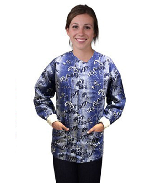 Unisex Scrub Jacket with Blue And White Flower Print