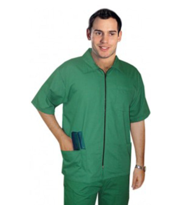 Poplin Unisex Barber Set with Collar - 4 pockets (3 Pockets Jacket with Zip  & 1 Pocket Pant), Half Sleeves