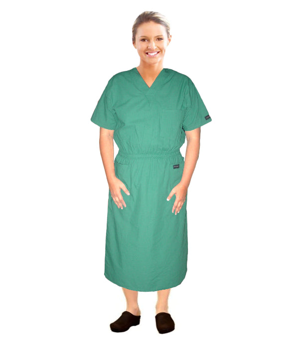 Poplin Unisex Nursing Dress Below Knee Length, V-Neck -  3 front pockets, Half Sleeves, Elastic Waist