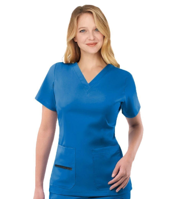 Stretch Women's V-Neck Scrub Top - 3 Pockets (2 Patch Pockets and 1 Zippered Pocket)