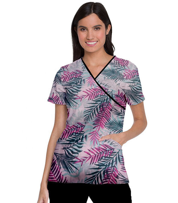 Pink Leaves Scrub Set Mock Wrap With Black Piping