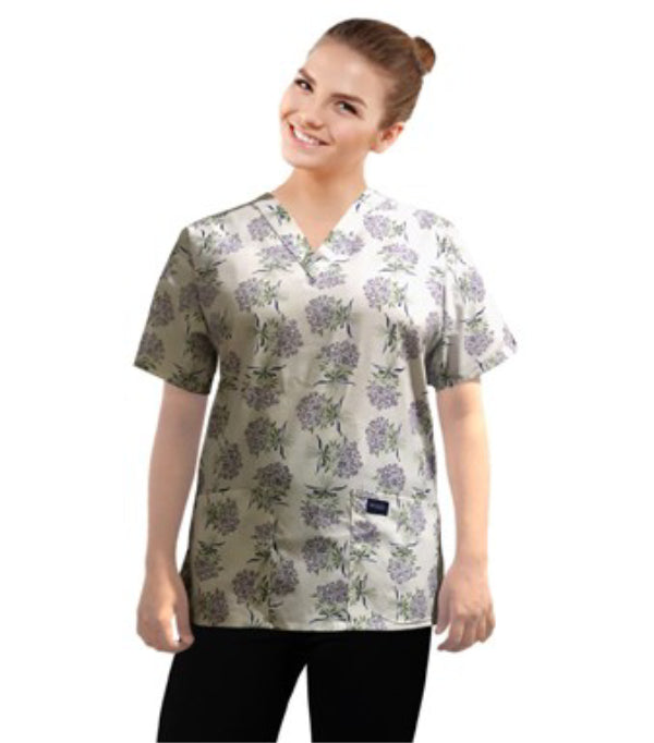 Poplin Women Printed Scrub Set in Flower Bouquet Print - 4 Pockets (2 Pockets Top and 2 Pockets Pant), Half Sleeves