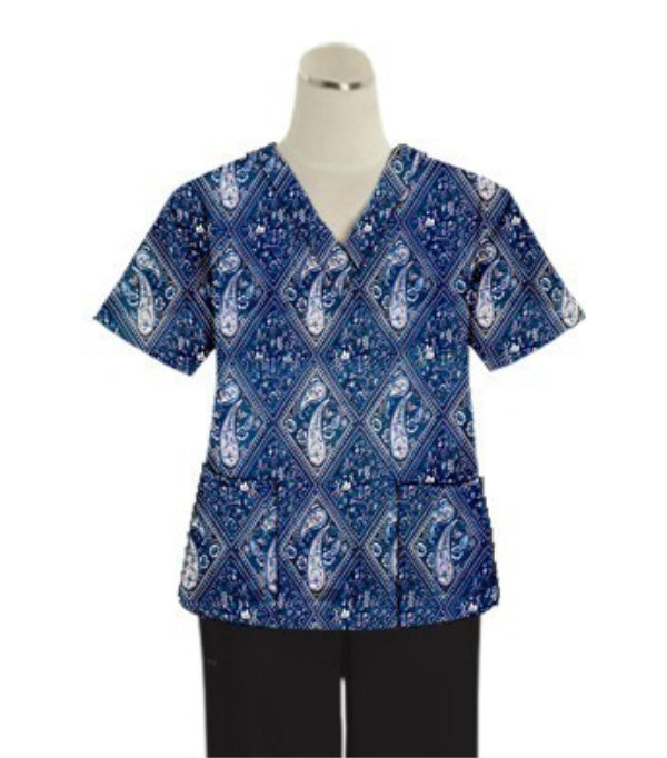 Poplin Women Printed Scrub Set in Blue with Pink Classical Print - 4 Pockets (2 Pockets Top and 2 Pockets Pant), Half Sleeves