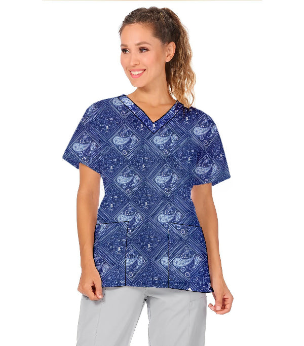 Blue with Blue Classical Print Scrub Top V Neck 2 Pocket Half Sleeve in Poplin Fabric 35% Cotton 65% Polyester
