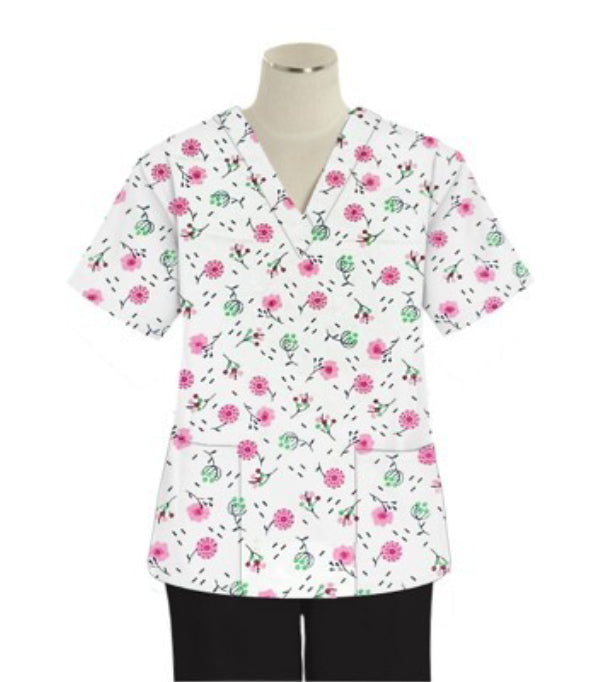 Women Cherry Blossom Print Scrub Top