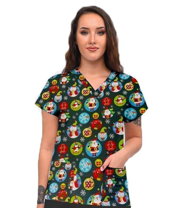 Santa and Penguin Printed Scrub Top