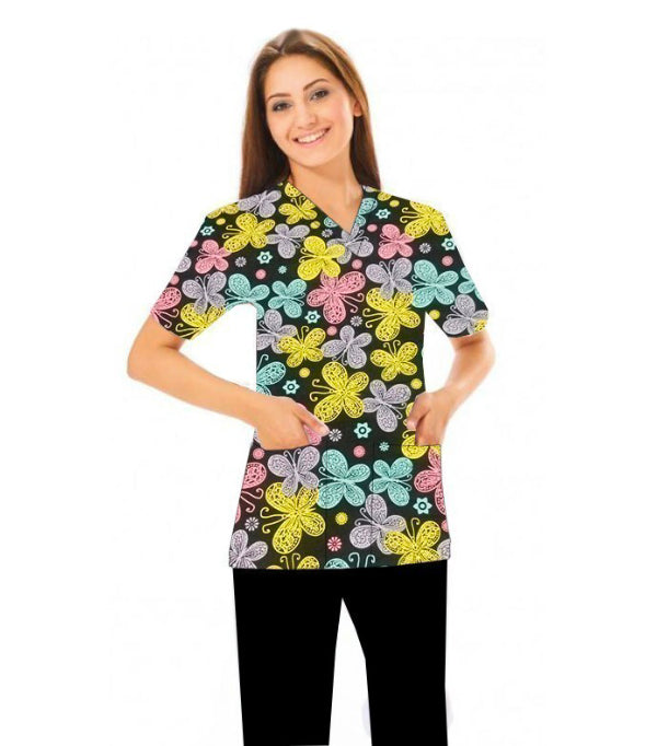 Multicolor Butterflies Print Scrub Top V Neck 2 Pocket Half Sleeve in Poplin Fabric 35% Cotton 65% Polyester