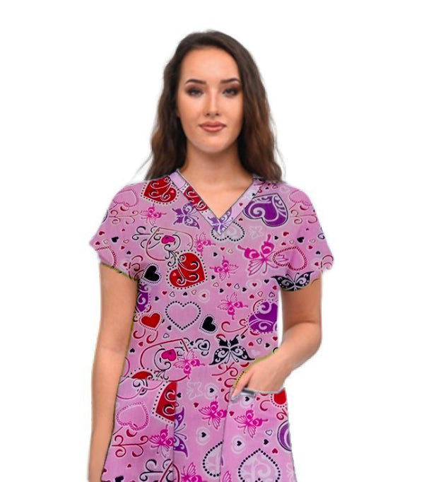 Hearts and Butterflies Print Scrub Top V Neck 2 Pocket Half Sleeve in Poplin Fabric 35% Cotton 65% Polyester