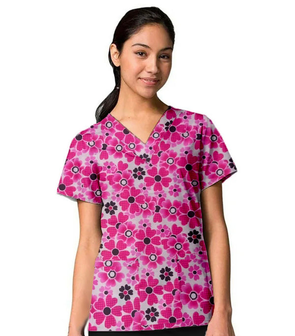 Pink Flowers Print Scrub Top V Neck 2 Pocket Half Sleeve in Poplin Fabric 35% Cotton 65% Polyester