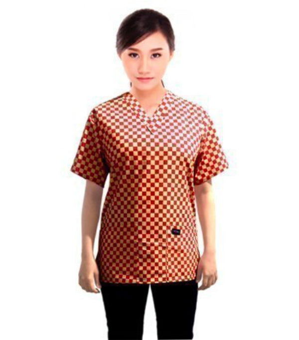 Red Square Print Scrub Top V Neck 2 Pocket Half Sleeve in Poplin Fabric 35% Cotton 65% Polyester