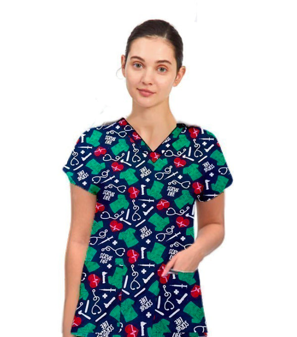 Scrub Life Print Scrub Top V Neck 2 Pocket Half Sleeve in Poplin Fabric 35% Cotton 65% Polyester