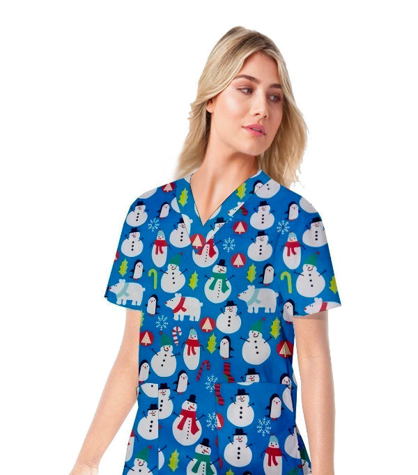 Snowman Print Scrub Top V-Neck 2 Pockets Half Sleeves - 100% Polyester Interlock Stretch Fabric