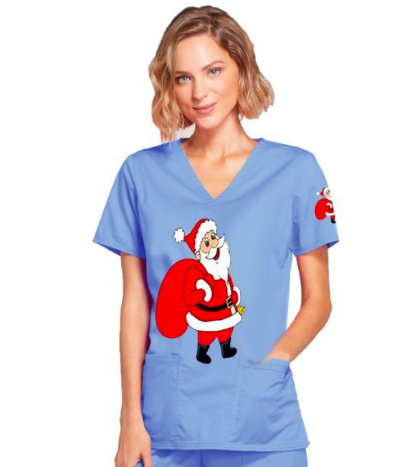 Santa Print Scrub Top Ceil Blue V Neck 2 Pocket Half Sleeve in Poplin Fabric 35% Cotton 65% Polyester