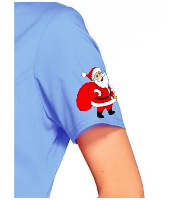 Santa Print Scrub Top Ceil Blue V Neck 2 Pocket Half Sleeve in Poplin Fabric 35% Cotton 65% Polyester