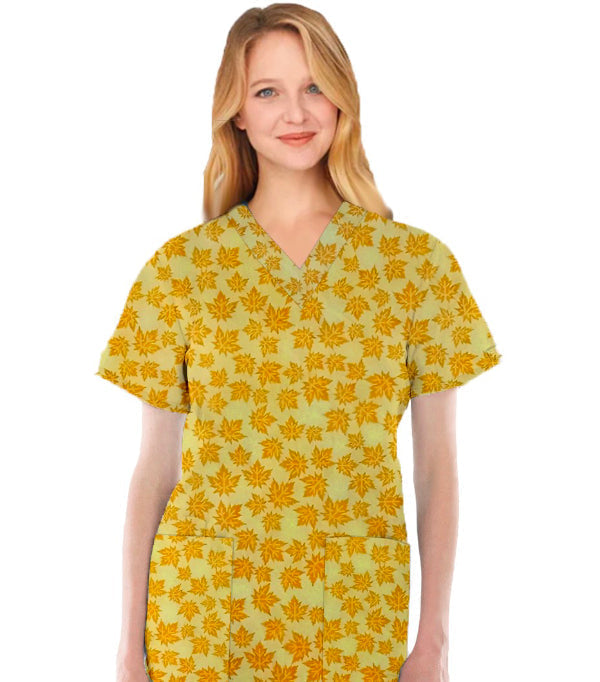 Yellow Petal Print Scrub Top V Neck 2 Pocket Half Sleeve in Poplin Fabric 35% Cotton 65% Polyester