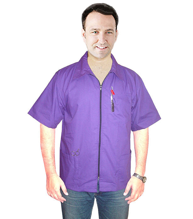 Poplin Unisex Barber Jacket with Collar and Zipper - 3 Pockets, Half Sleeves