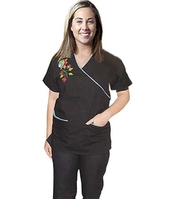 Women Embroidered Mock Wrap Scrub Set