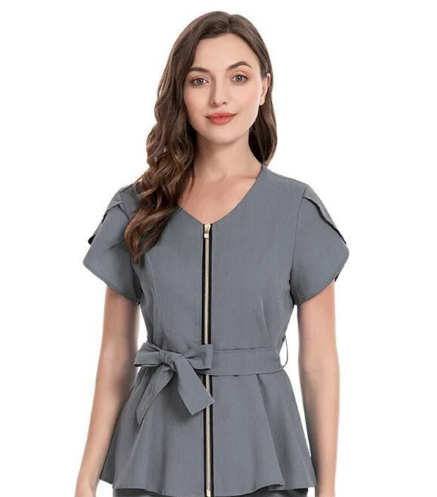 Poplin Womens Fashion Scrub Top with Front Zipper and Belt