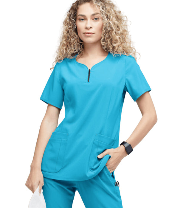 Poplin Women's Scrub Top 4-Pocket Curved Neck with Zip in Poplin Fabric  (65% Polyester, 35% Cotton)