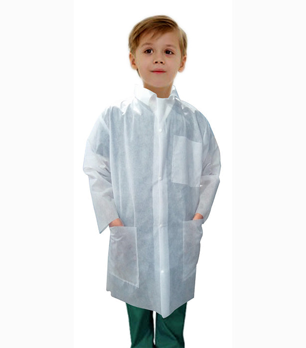 Kids Disposable lab coat 3 pocket full sleeve with front plastic snap buttons