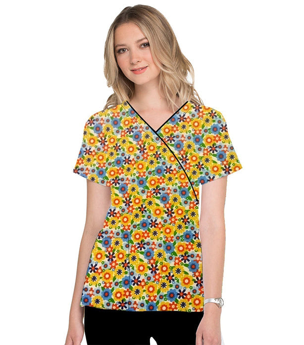 Blooming Flowers Print Scrub Set Mock Wrap With Black Piping 5 Pocket Half Sleeves (Top 3 Pockets With Bottom 2 Pockets Boot cut)