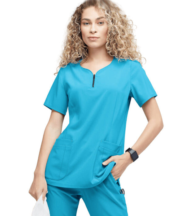 Stretch Women's Scrub Top - 4 Pockets, Curved Neckline with Zipper Closure