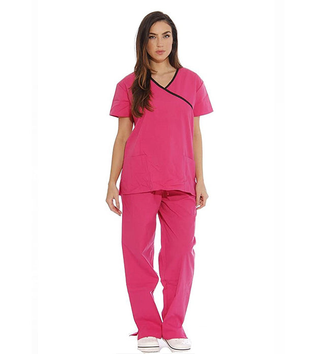 Stretch Women's Mock Wrap Scrub Set - 5 Pockets, Half Sleeves (3-Pocket Top & 2-Pocket Boot Cut Pant)