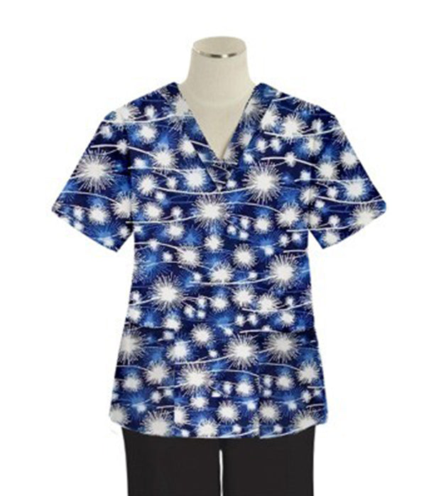 Blue Fire Work print Top v neck 2 pocket half sleeves in Poplin Fabric 35% Cotton 65% Polyester