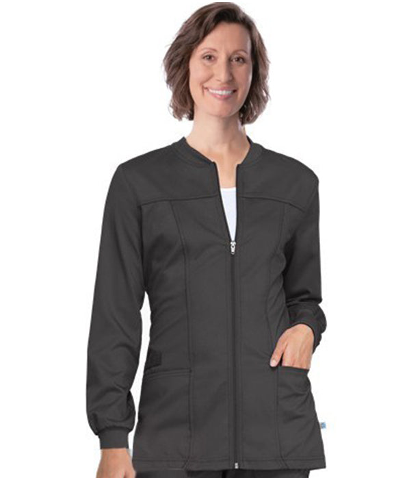 Stretch Women's Scrub Jacket with Horizontal and Vertical Piping, 2 Pockets, Full Sleeves, Ribbed Cuffs, & Zip Closure